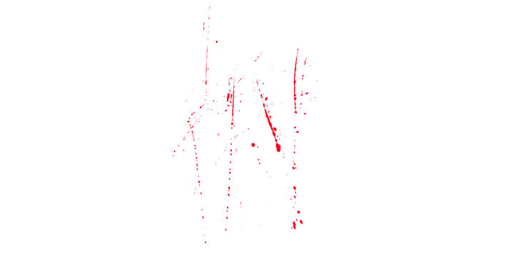 Red paint splatters on a transparent background creating a dynamic abstract art piece with splashes and drops