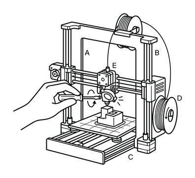 Hand adjusting a 3D printer hotend with a screwdriver, line art icon.