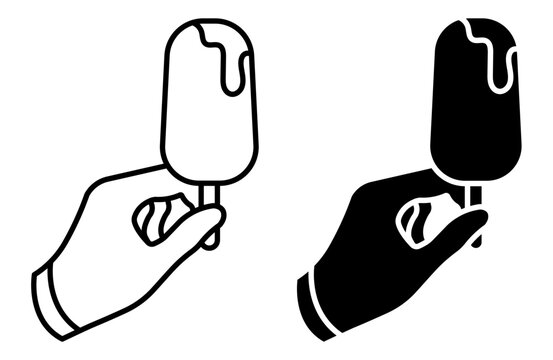 Linear icon. Ice cream lover hand holding a melted glazed ice cream on a stick. Simple black and white vector symbol isolated on white background