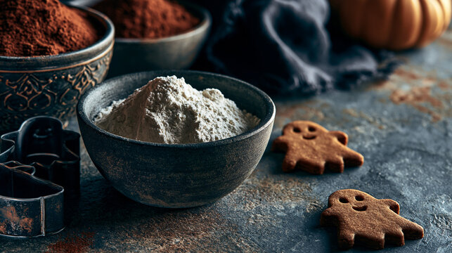 Rustic Halloween Baking Scene with Flour Bowl Cocoa Powder and Cute Ghost Shaped Gingerbread Cookies on a Dark Textured Kitchen Surface