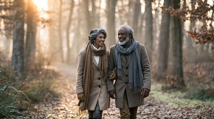 Fototapeta premium Elderly couple walking arm in arm through a misty autumn forest during golden hour