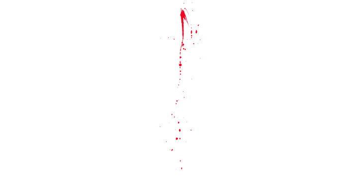 Red paint splatter with droplets falling down on isolated transparent background