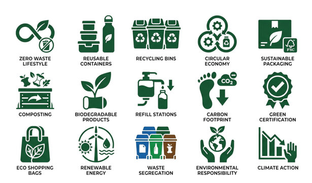 Zero Waste and Sustainability Solid Vector Icon Set for ESG and Eco Branding