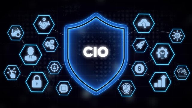 Cio chief information officer concept: digital shield with connected business tech