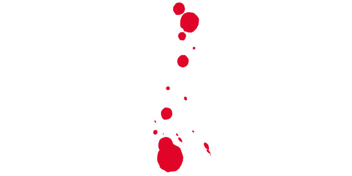 Red blood splatter on a transparent background with various sized droplets