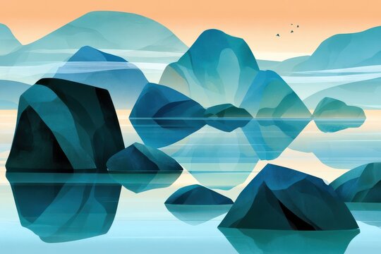 Stylized karst island landscape with teal rocks reflected in calm water at sunrise