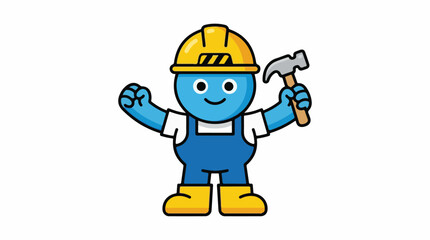 Fototapeta premium A cheerful cartoon character wearing a yellow hard hat and holding a hammer