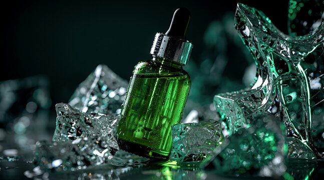 Green Dropper Bottle with Liquid Surrounded by Ice Cubes and Water Splashes.