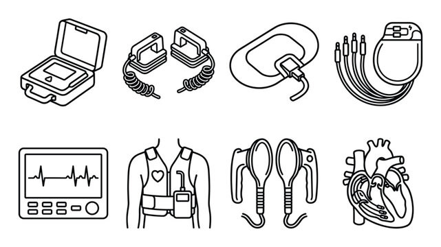 Medical cardiology devices line art icons set showing heart care equipment.