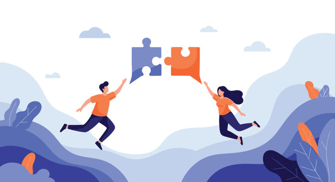 Man and woman jump towards each other to connect two giant puzzle pieces in the air to symbolize effective teamwork and business collaboration.