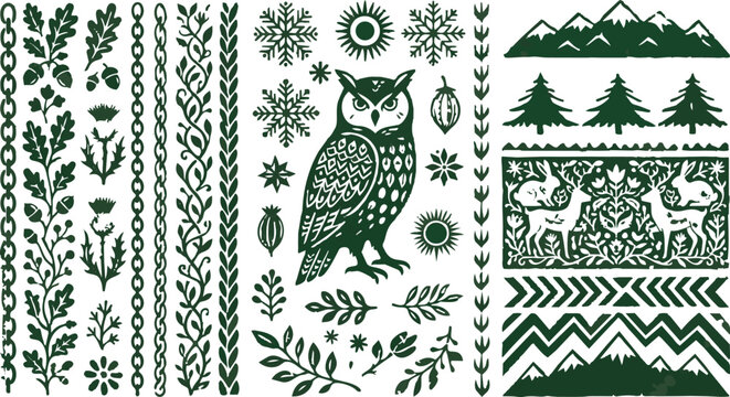 green folk art owl and forest flora elements set decorative borders snowflakes pine trees scandinavian vector ornaments