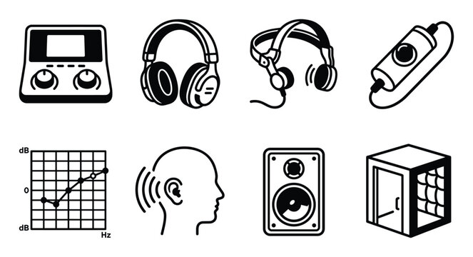 Minimalist medical audiology icons for hearing tests and sound engineering.