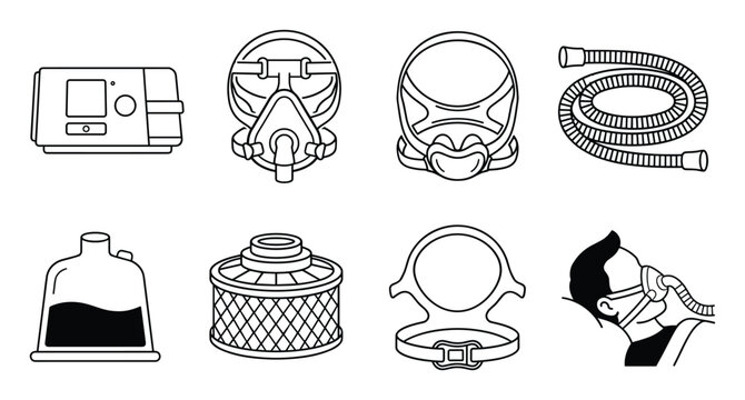 Minimalist medical CPAP therapy icons set. Includes machine, masks, hose.
