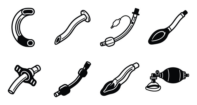 Minimalist medical icons display essential airway management devices.