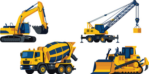 Heavy Construction Vehicles Vector Set with Yellow Excavator Mobile Crane Concrete Mixer Truck and Bulldozer Machinery for Industrial Building Site Projects © MstGulzan