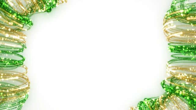 Festive Mardi Gras beads in green, gold, and white colors forming a decorative border on a white background