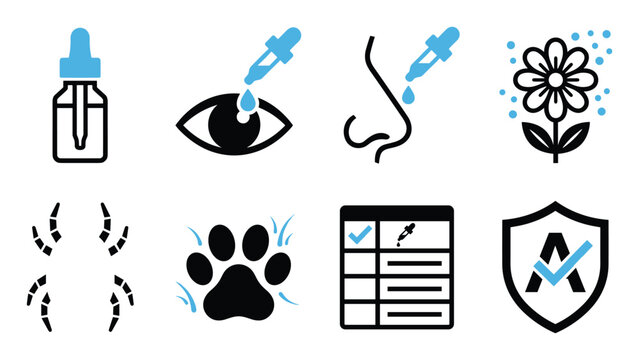 Minimalist medical icons showing allergy diagnosis treatment eye nose drops.