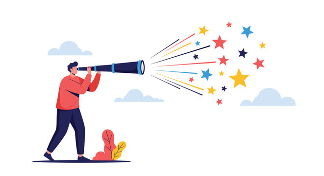 Enthusiastic discoverer looks through a telescope at a burst of colorful stars representing inspiration and finding new opportunities.