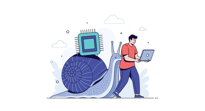 Man with a laptop walks alongside a slow snail carrying a modern computer chip representing outdated technology and slow digital systems.