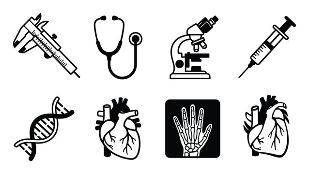Minimalist vector medical and science icons collection with tools and organs.