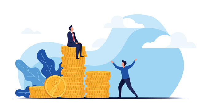 Wealthy man sits on a very high stack of gold coins while another man looks up from below representing the wealth gap and success.