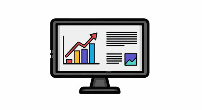 A cartoon computer monitor displays a colorful bar graph with a rising red arrow