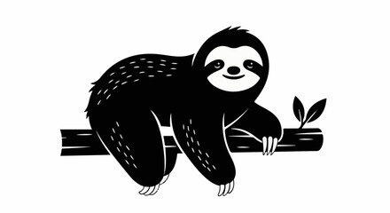 Naklejka premium A black and white illustration of a smiling sloth hanging on a tree branch