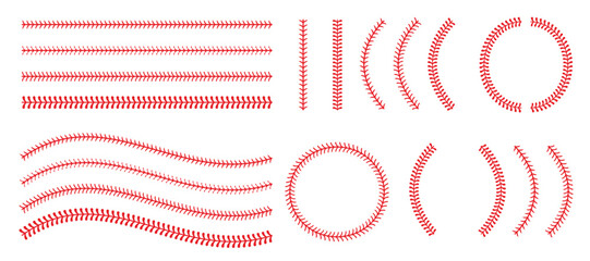 Obraz premium Red baseball seam designs with straight lines, curves, and arcs.