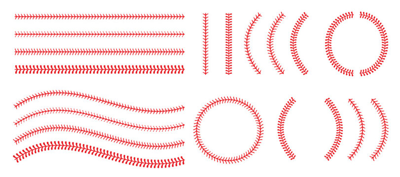Red baseball seam designs with straight lines, curves, and arcs.