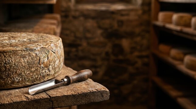 Artisan cheese wheel aging in a rustic cellar