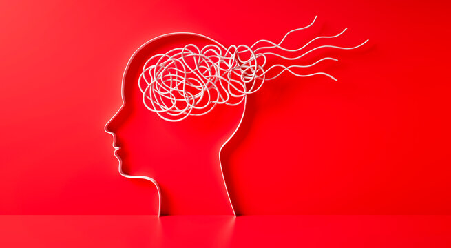 3D silhouette of a head with white tangled rope or cord inside symbolizing mental complexity and confusion on red background