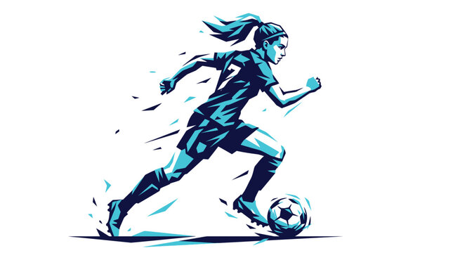 Dynamic vector illustration of a female soccer player running quickly while dribbling a blue ball