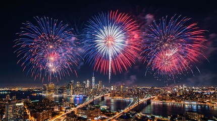 Fototapeta premium Patriotic red white and blue fireworks over city skyline, festive pyrotechnic display above urban cityscape, night celebration background