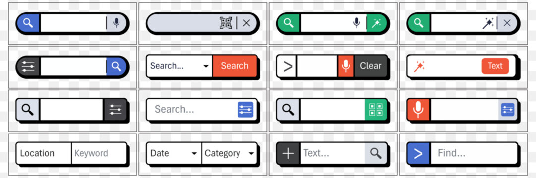 Search Bar UI Kit Vector Set &mdash; 16 Modern Search Input Field Designs with Icons, Buttons, and Microphone for Web and App Interface