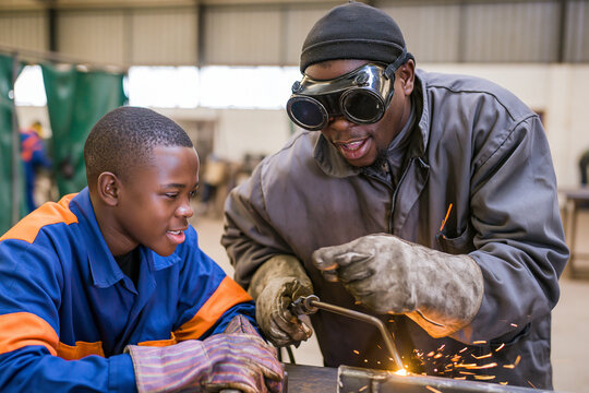 A welding instructor guides a young student in a workshop. The instructor wears protective goggles and gloves while demonstrating the welding process, with sparks flying from the metal