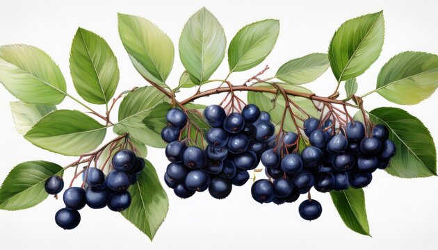 Branch Of Serviceberry With Clusters Of Ripe Dark Berries And Green Leaves Summer Harvest Botanical Illustration Isolated On White Background