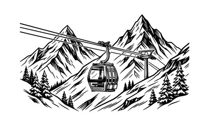 Snowy mountain gondola lift black and white vector © MstLiza