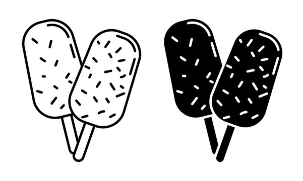 Linear icon. Pair of glazed ice cream sticks with crunchy toppings. Simple black and white vector symbol isolated on white background