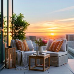 Obraz premium Sunset view from a balcony with seating, plants, and a table on a warm evening in a city