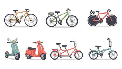 Fototapeta premium Collection of diverse bicycles and scooters in a flat design style