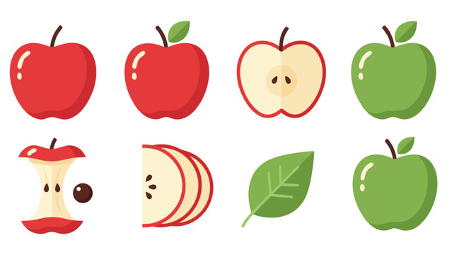 Collection of red and green apples, slices, and core with seeds on white background