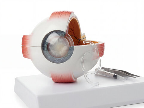 Anatomical human eye model showing cataract disease and intraocular lens implant