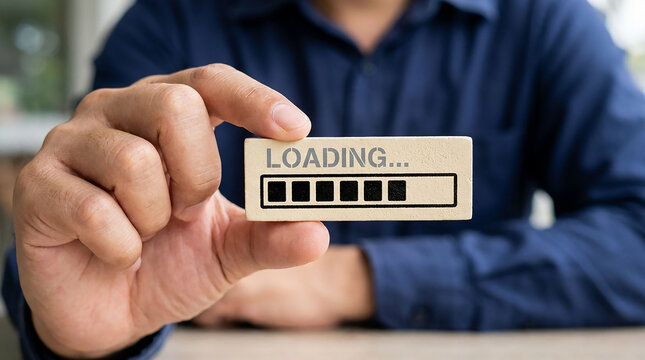 Loading Bar on Hand: A close-up shot shows a person holding a small wooden block with a loading bar graphic and text LOADING..., symbolizing progress, waiting, or technology.