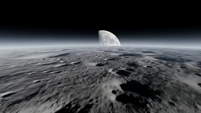 Lunar surface with many craters and a half moon peeking over the horizon, dark sky