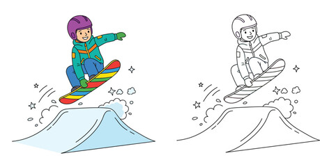 Fototapeta premium Cute boy snowboarding jump cartoon illustration with black and white coloring page outline
