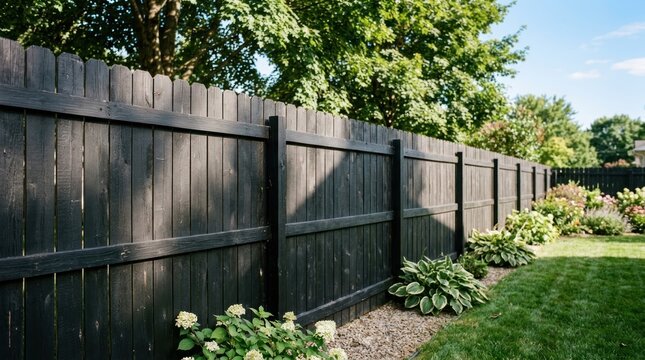 A black wooden fence with green grass and trees in the background.