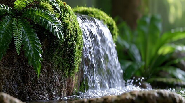 苔むした岩を流れる小さな滝のクローズアップ。緑豊かなシダと熱帯植物に囲まれた清流。自然光が差し込む森の風景