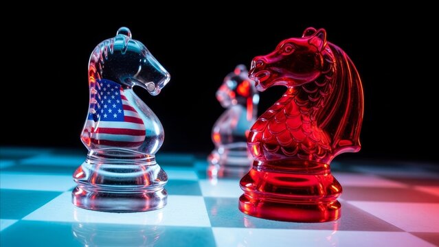 Geopolitics - Two Glass Chess Knights Facing Off with American Flag Reflection Symbolizing US China Rivalry Strategy