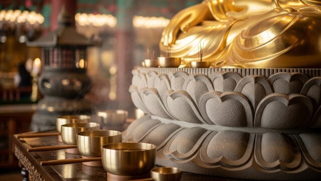 Religion - Golden Buddha Statue on Lotus Pedestal with Brass Offering Bowls and Incense in Buddhist Temple