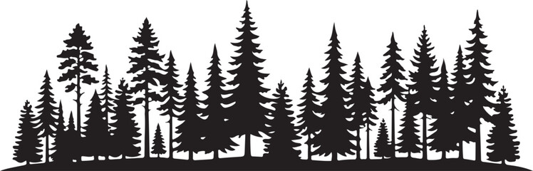 Black silhouette of a coniferous forest skyline with pine and spruce trees for nature landscape design © Mahfuzur